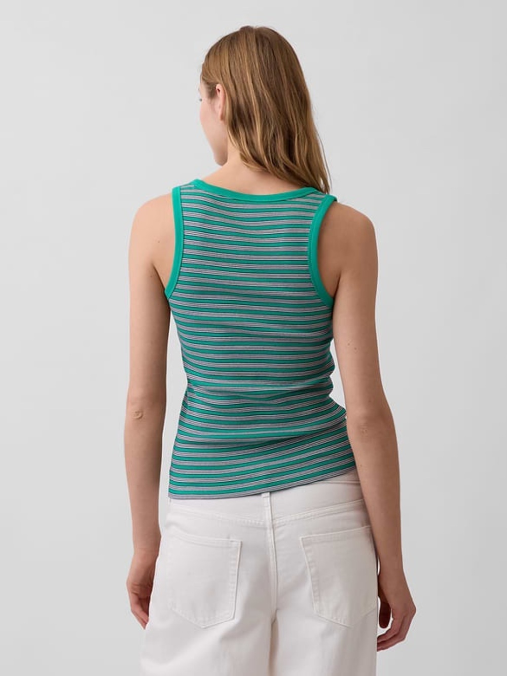 NWT Gap Rib Scoop Tank Top Green Stripe Size Medium Tall - Picture 3 of 10